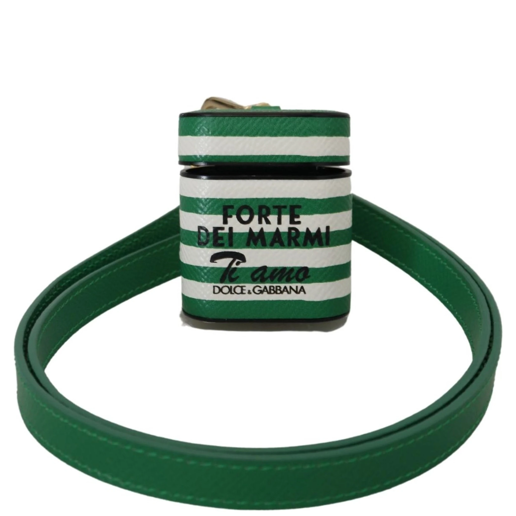 Green Leather Strap Gold Metal Logo Airpods Case