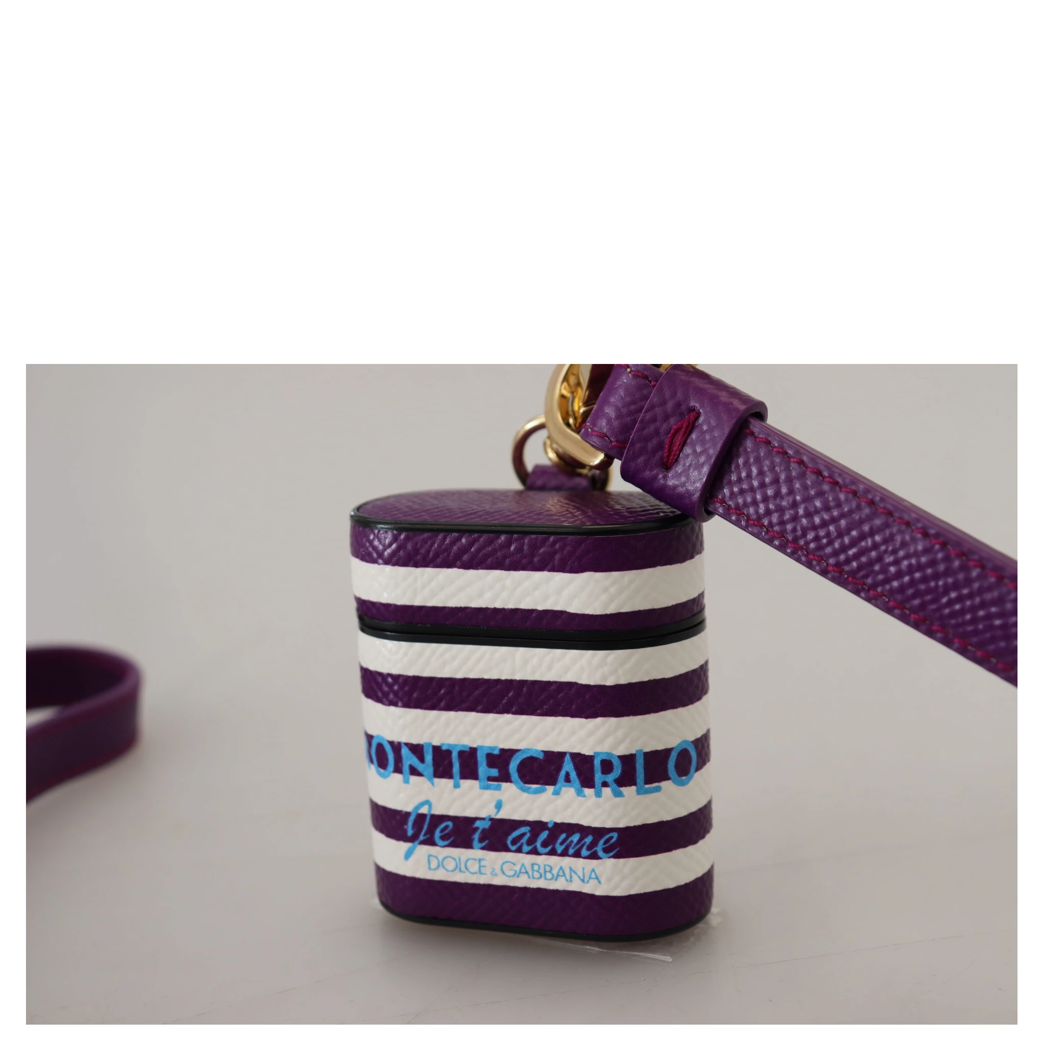 Purple Leather Strap Gold Metal Logo Airpods Case
