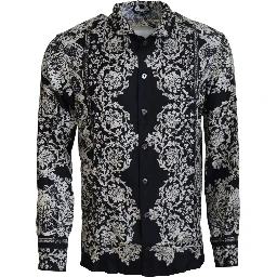 Blue Silk Floral Baroque Satin Casual Shirt
