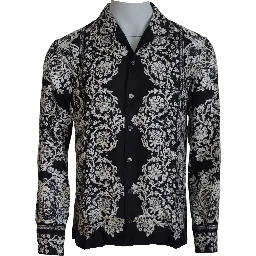 Blue Silk Floral Baroque Satin Casual Shirt