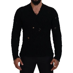 Black Wool V-neck Knitted Pullover Sweater