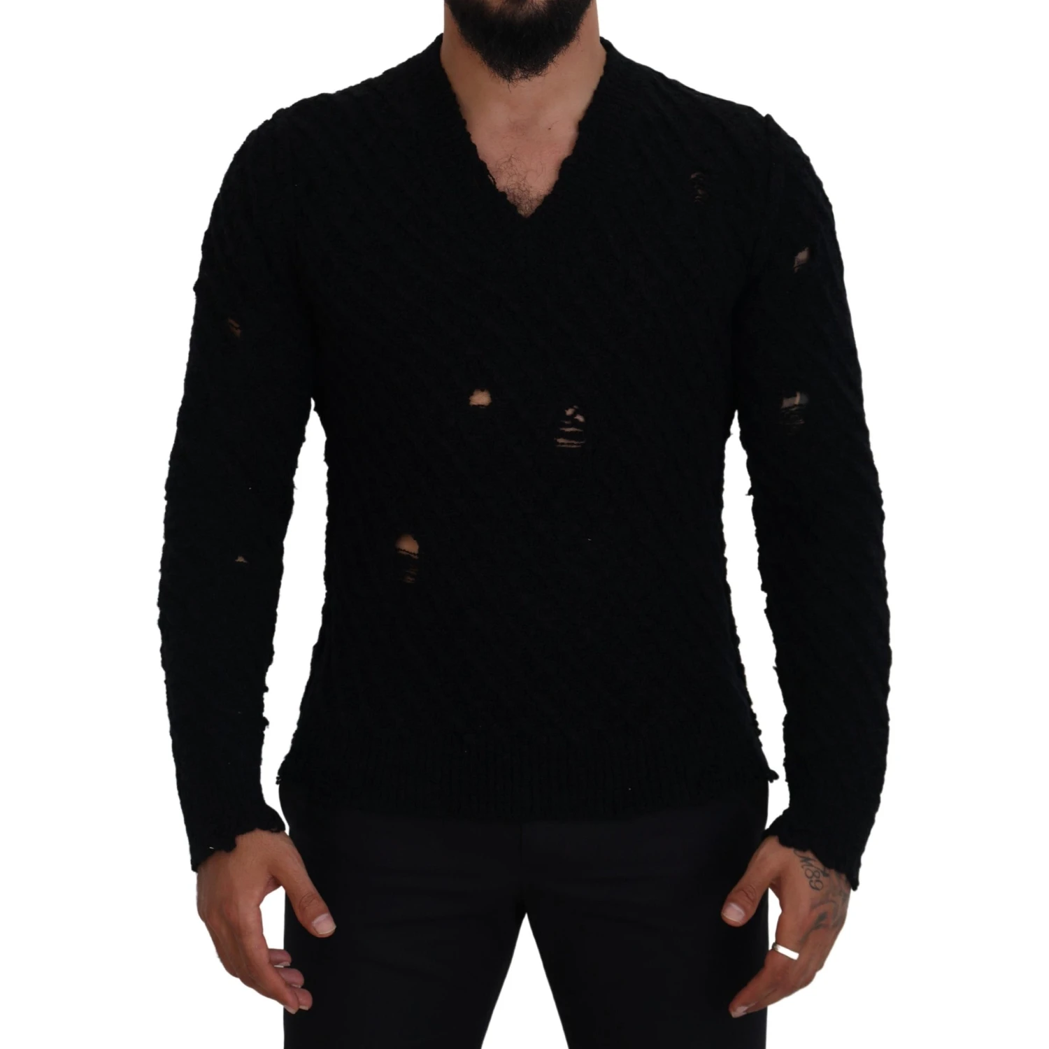 Black Wool V-neck Knitted Pullover Sweater