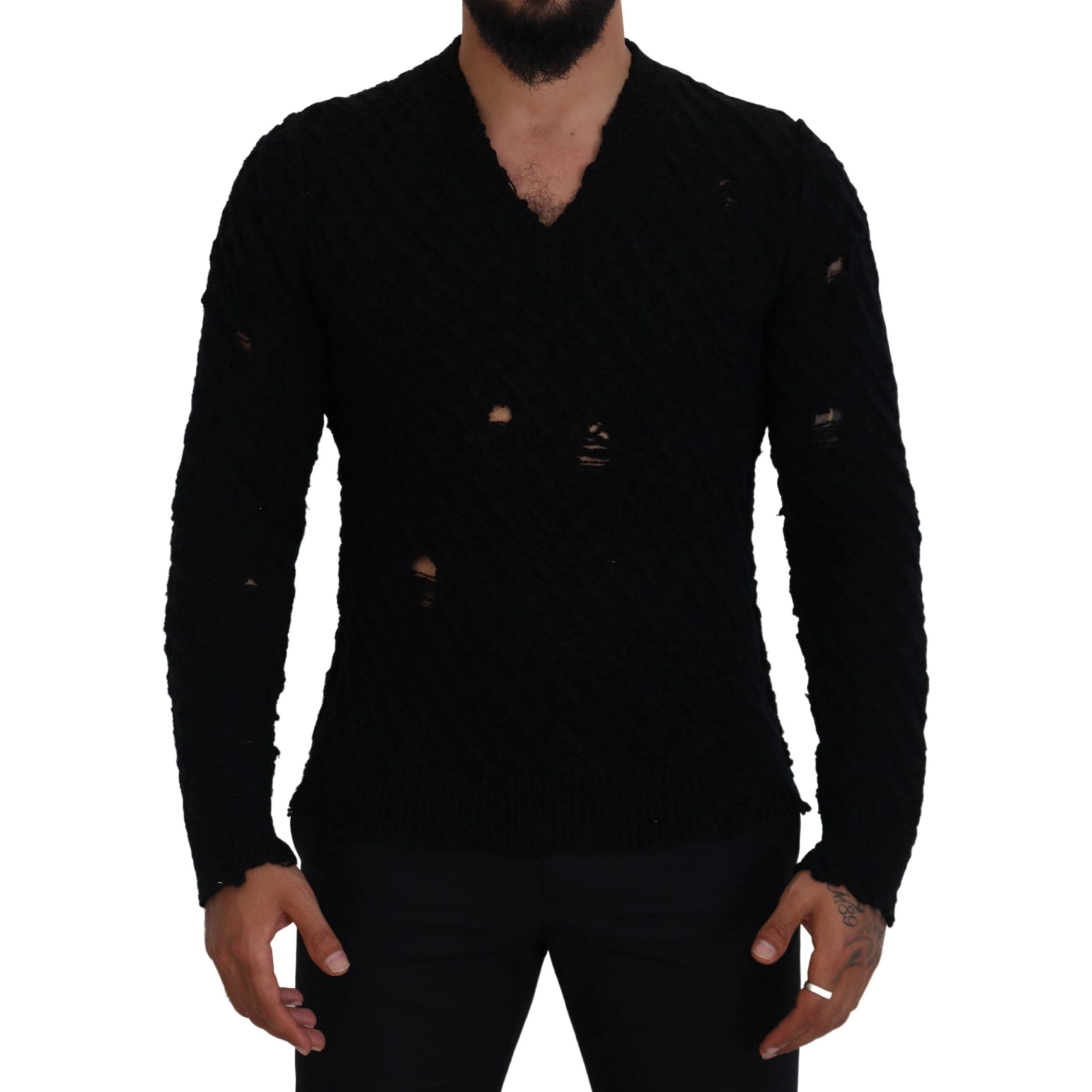 Black Wool V-neck Knitted Pullover Sweater