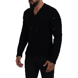 Black Wool V-neck Knitted Pullover Sweater