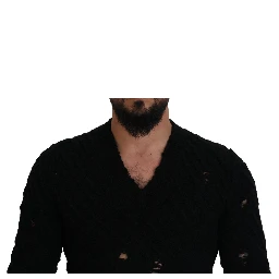 Black Wool V-neck Knitted Pullover Sweater