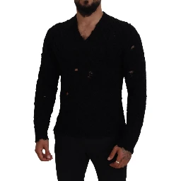 Black Wool V-neck Knitted Pullover Sweater