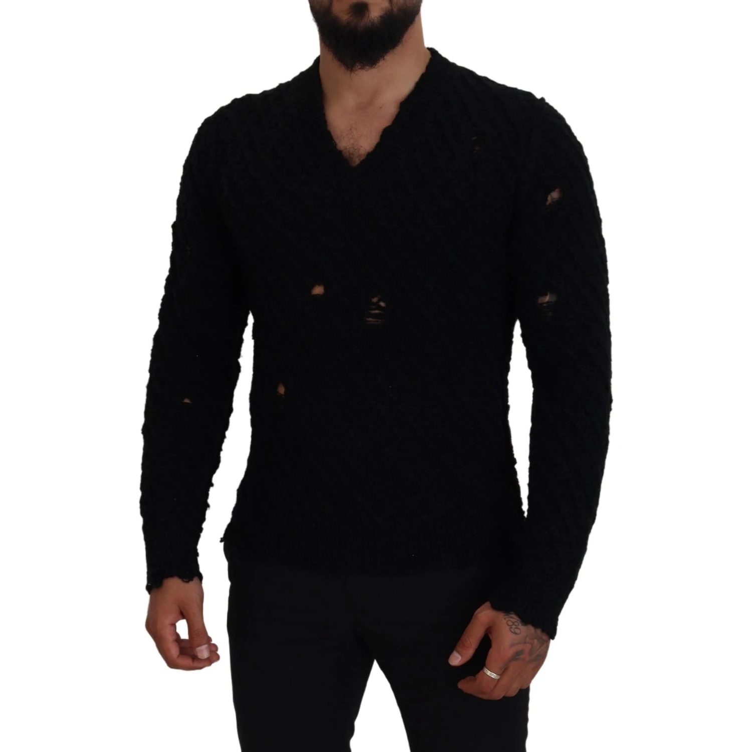 Black Wool V-neck Knitted Pullover Sweater