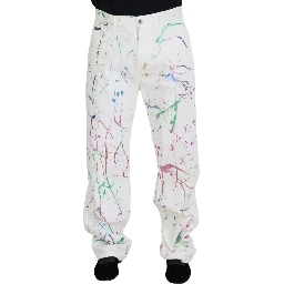 White Cotton Color Splash Print Denim Pants