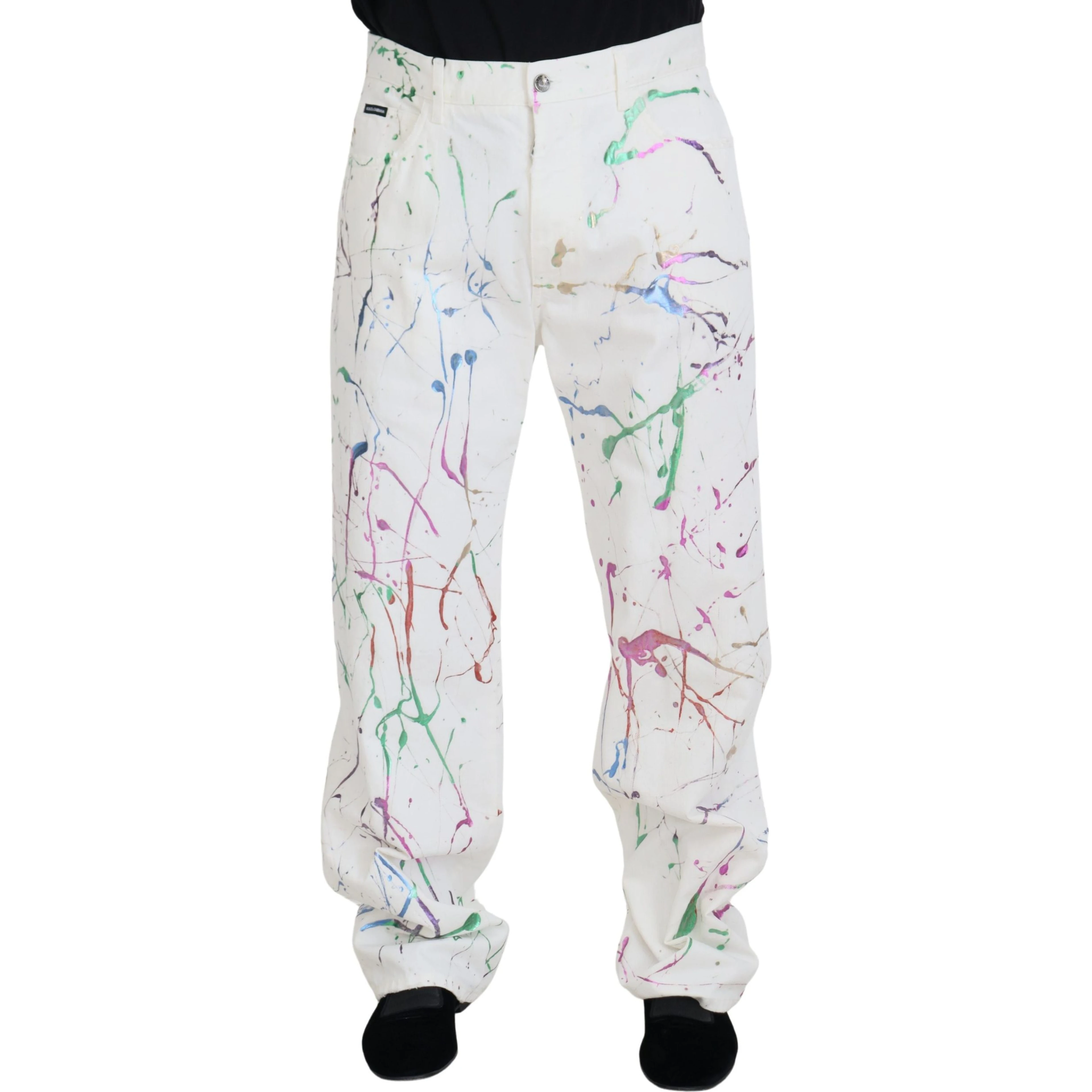 White Cotton Color Splash Print Denim Pants
