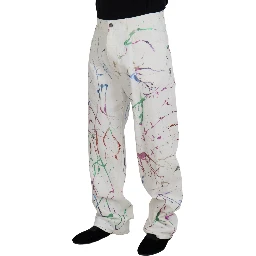 White Cotton Color Splash Print Denim Pants