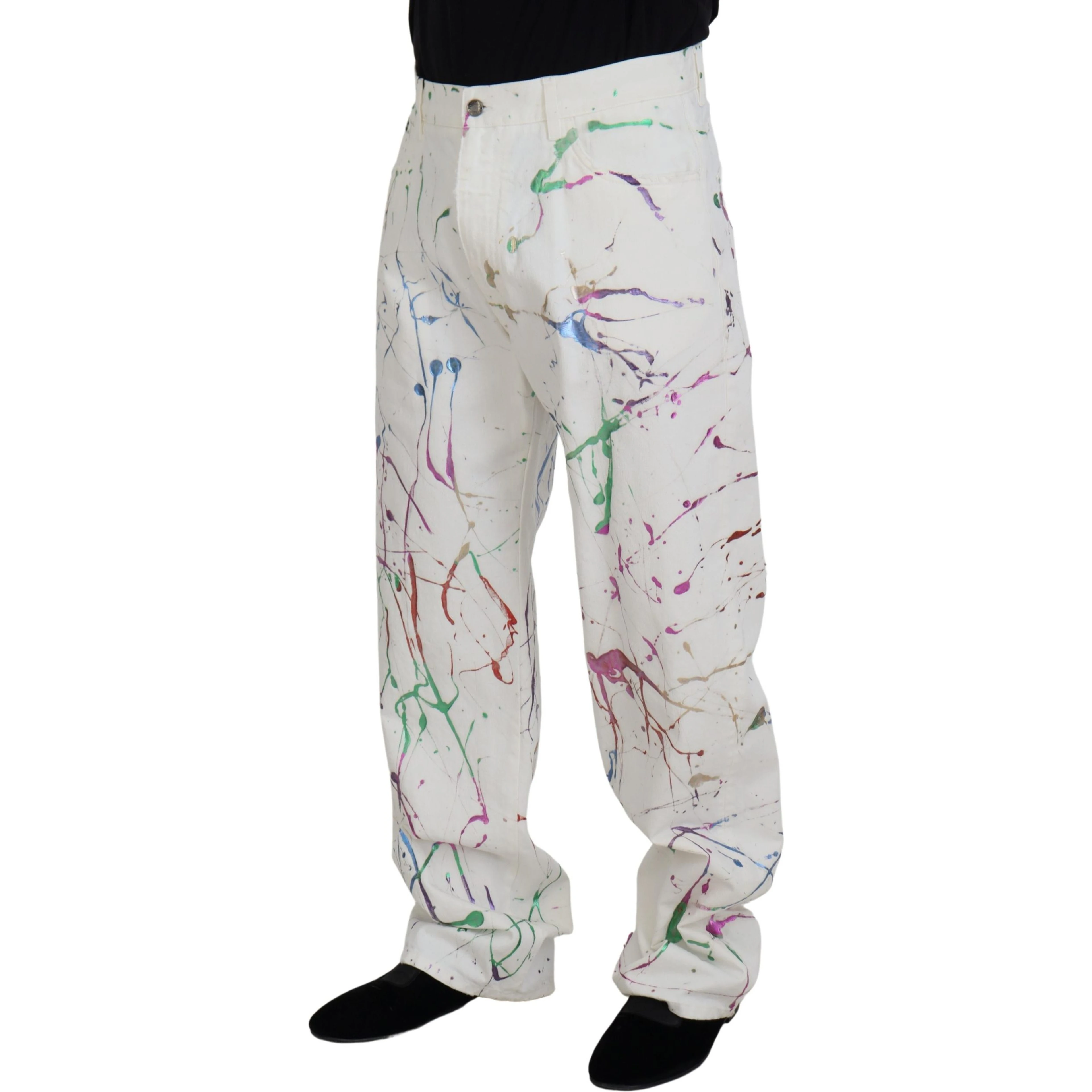 White Cotton Color Splash Print Denim Pants
