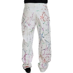 White Cotton Color Splash Print Denim Pants
