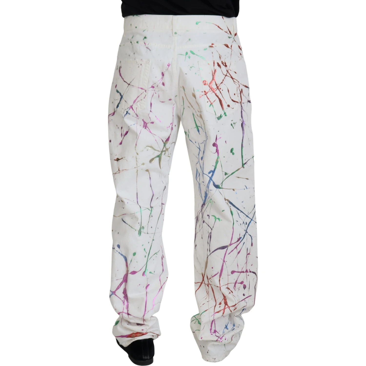 White Cotton Color Splash Print Denim Pants