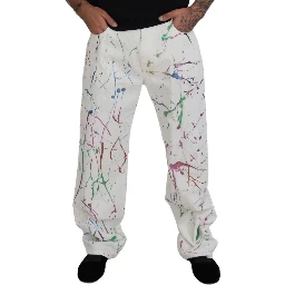 White Cotton Color Splash Print Denim Pants