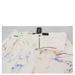 White Cotton Color Splash Print Denim Pants