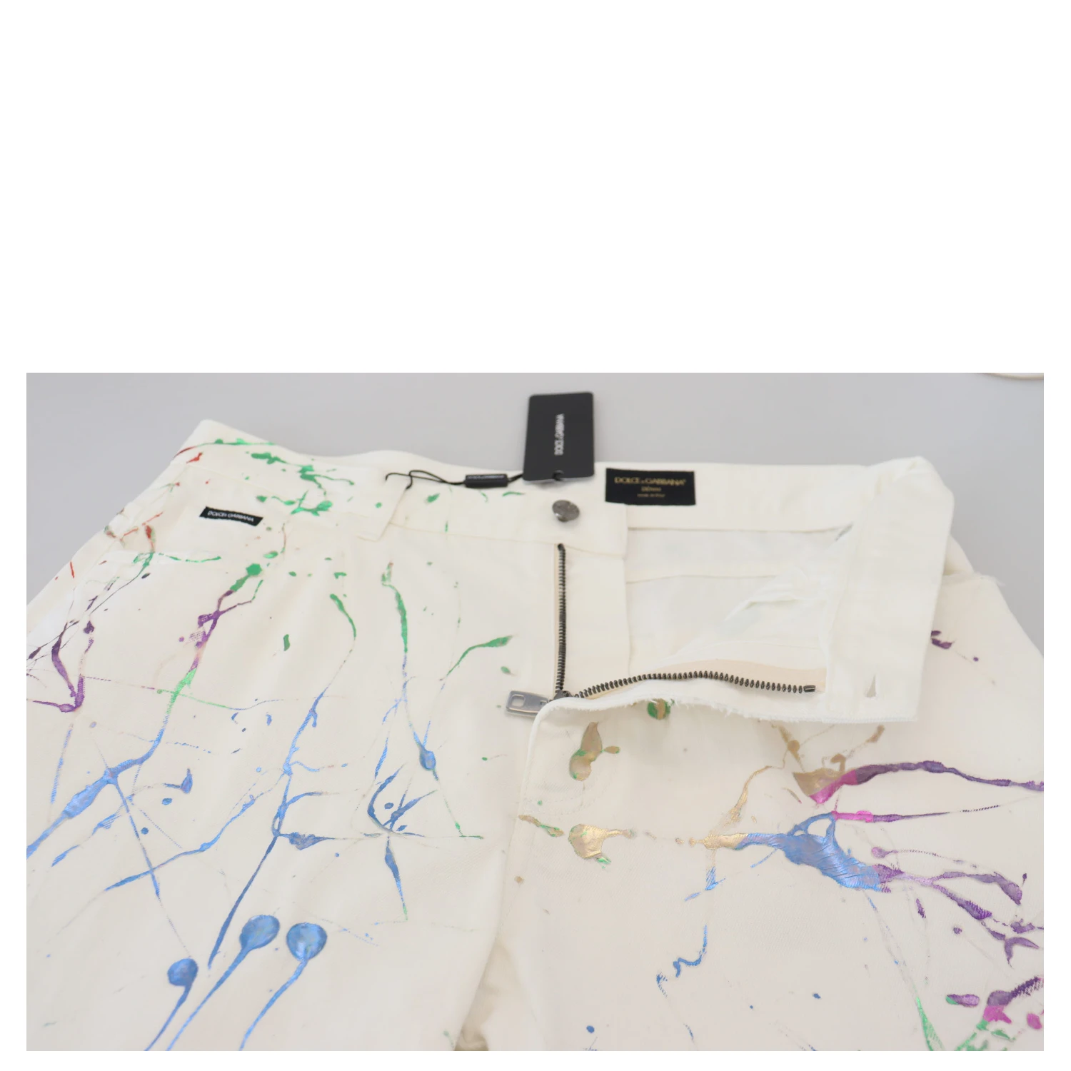 White Cotton Color Splash Print Denim Pants