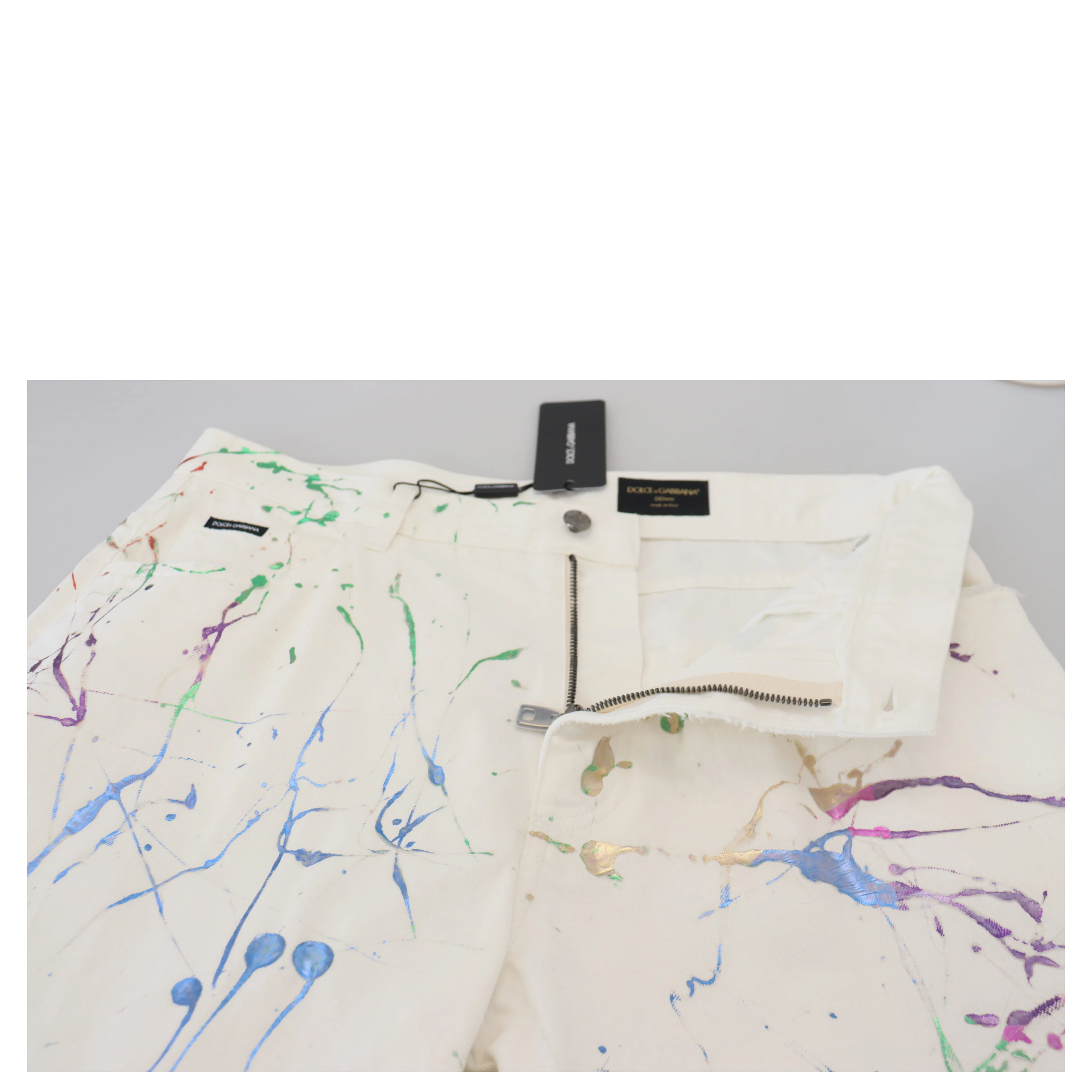 White Cotton Color Splash Print Denim Pants