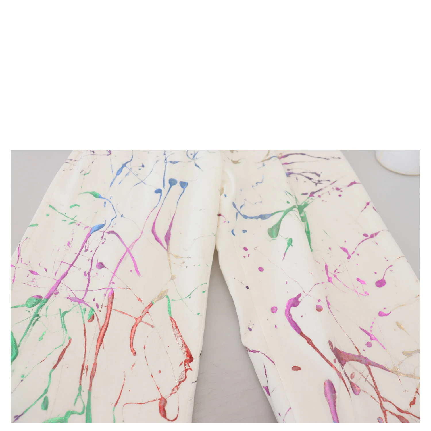White Cotton Color Splash Print Denim Pants