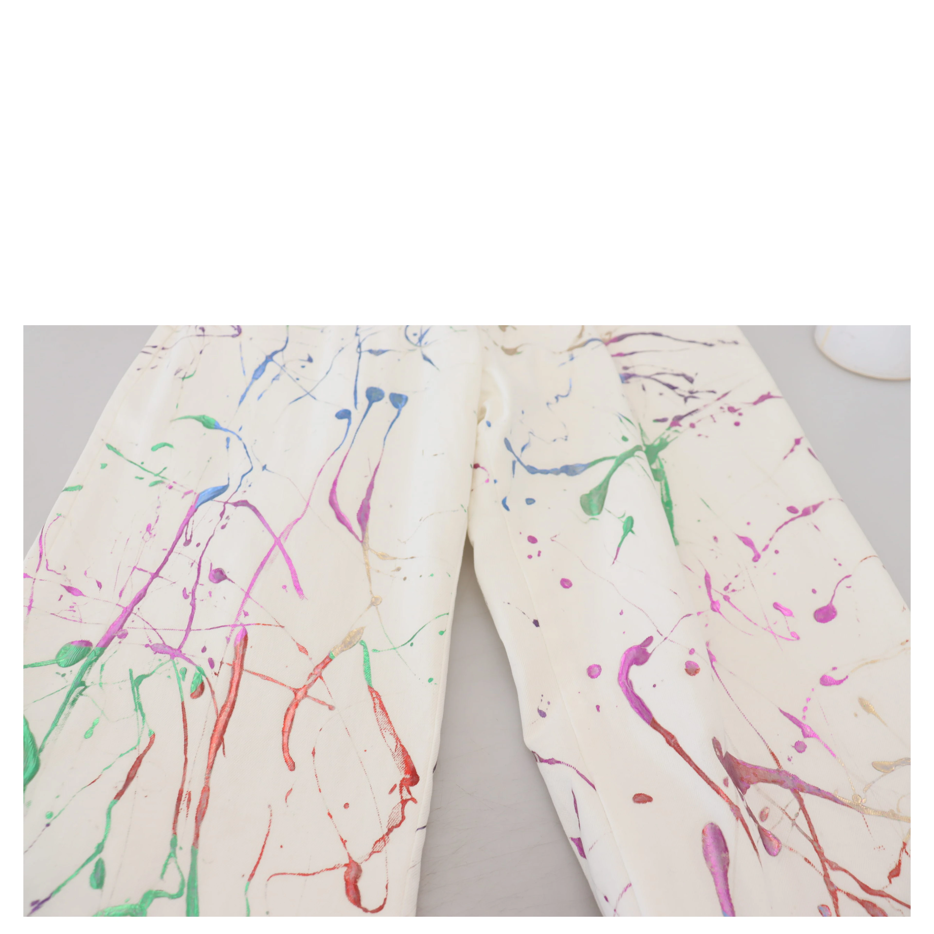 White Cotton Color Splash Print Denim Pants