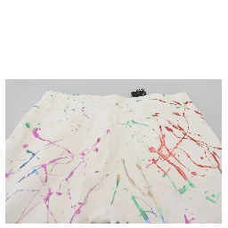 White Cotton Color Splash Print Denim Pants
