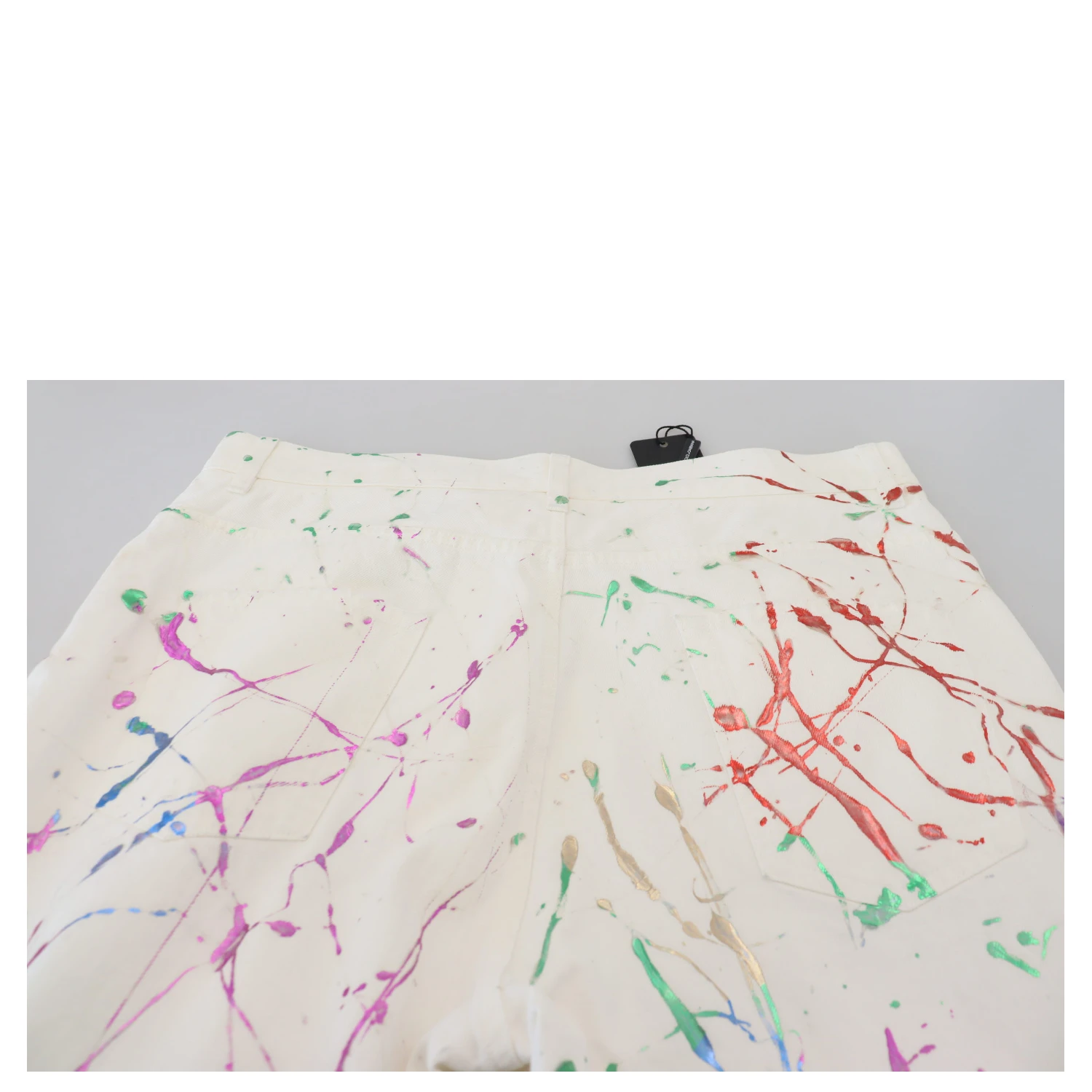 White Cotton Color Splash Print Denim Pants