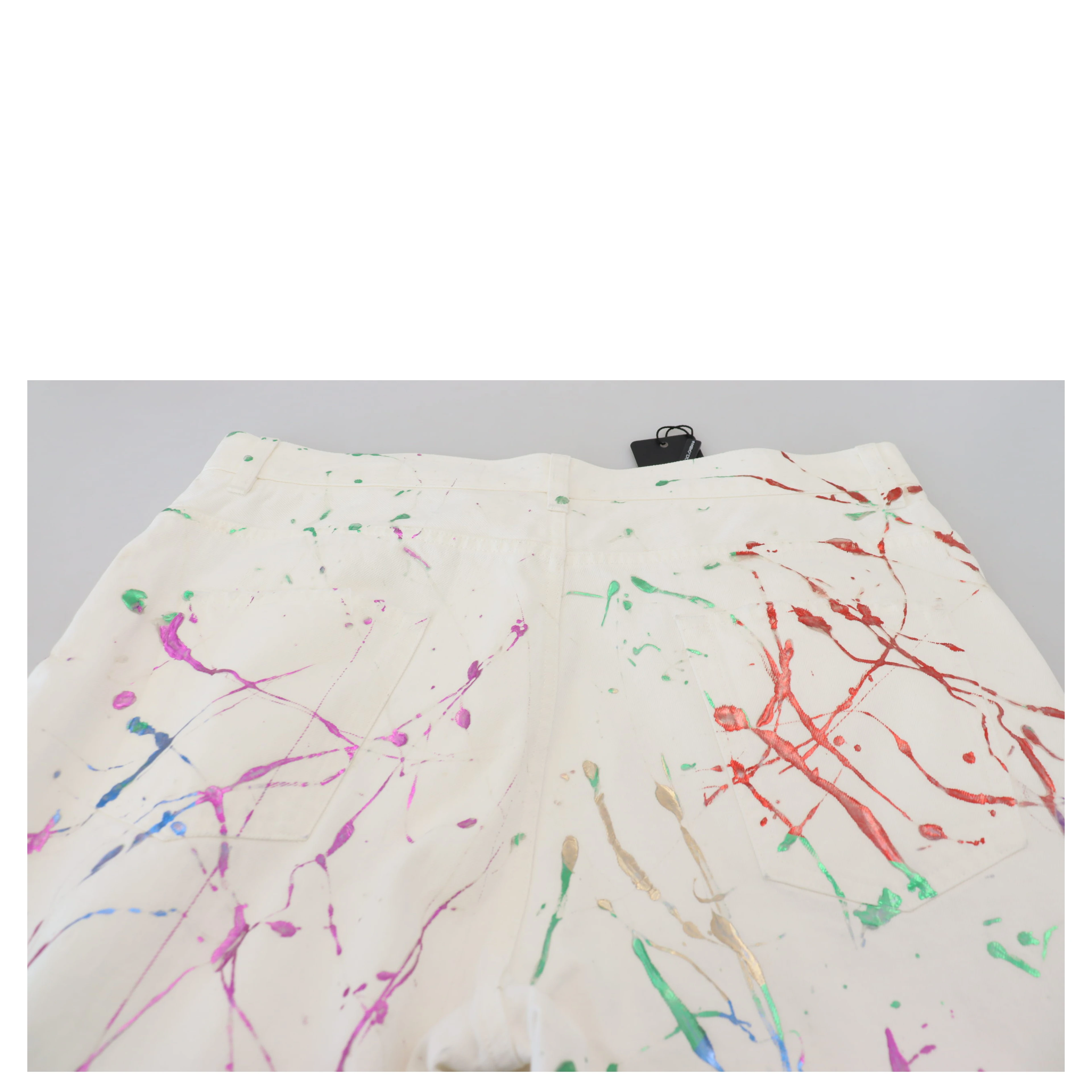 White Cotton Color Splash Print Denim Pants