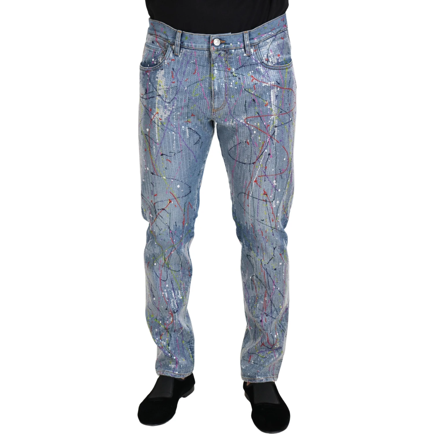 Blue Cotton Color Splash Print Denim Jeans