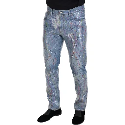 Blue Cotton Color Splash Print Denim Jeans