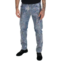Blue Cotton Color Splash Print Denim Jeans
