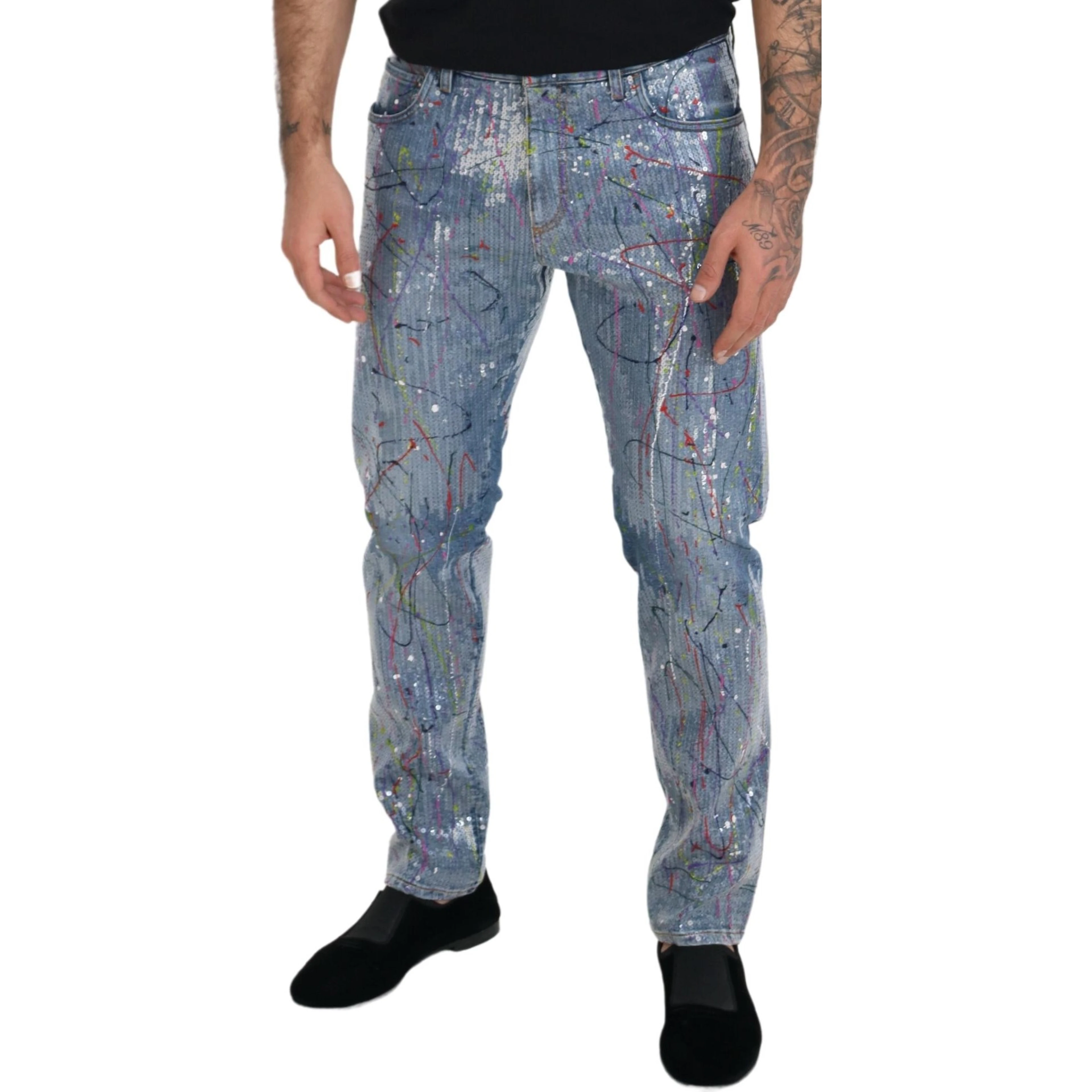 Blue Cotton Color Splash Print Denim Jeans