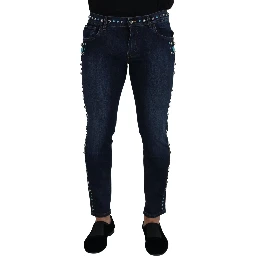 Blue Cotton Studded Low Waist Denim Jeans