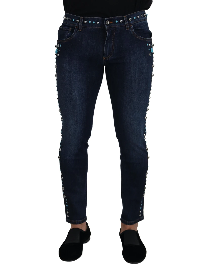Blue Cotton Studded Low Waist Denim Jeans