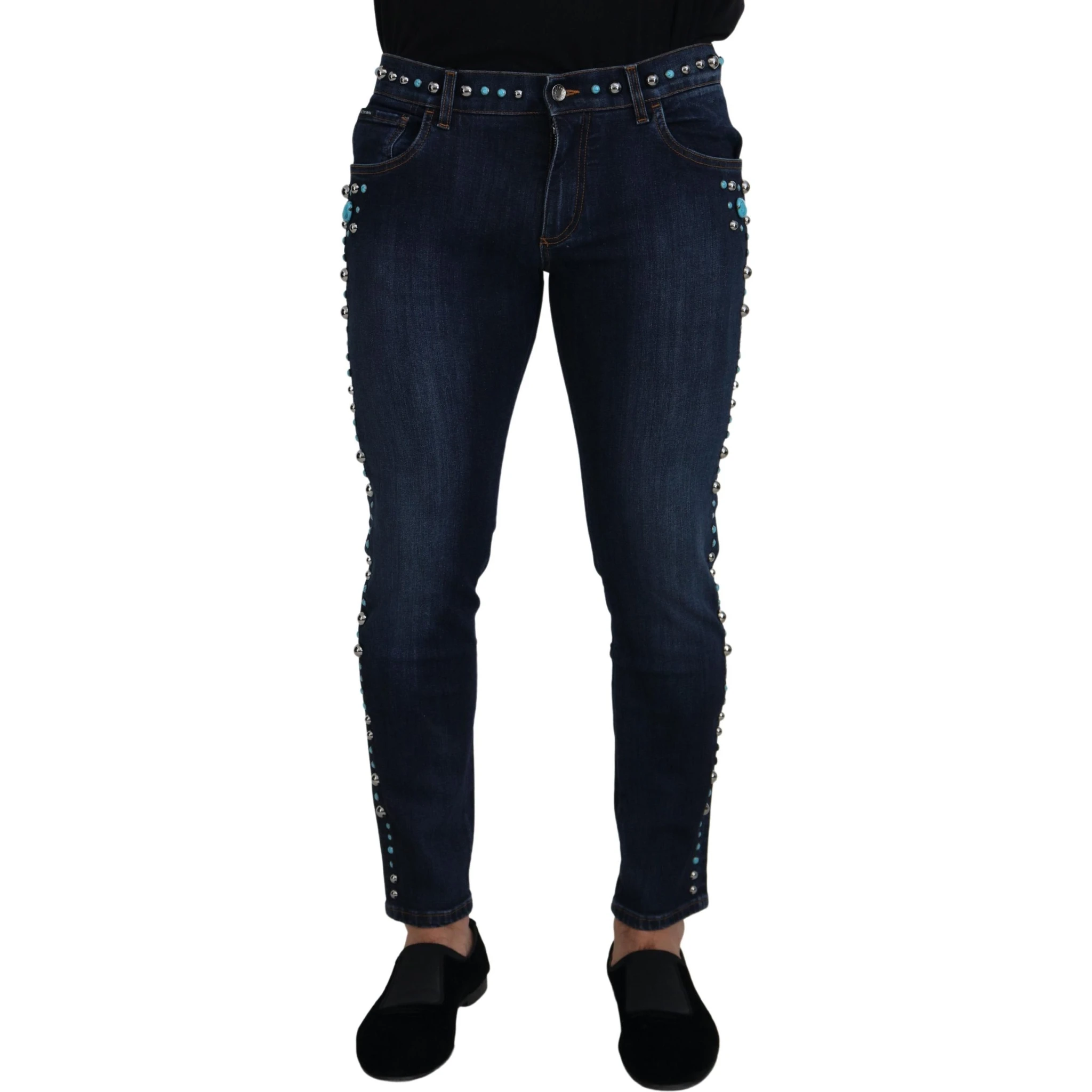 Blue Cotton Studded Low Waist Denim Jeans