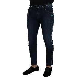 Blue Cotton Studded Low Waist Denim Jeans