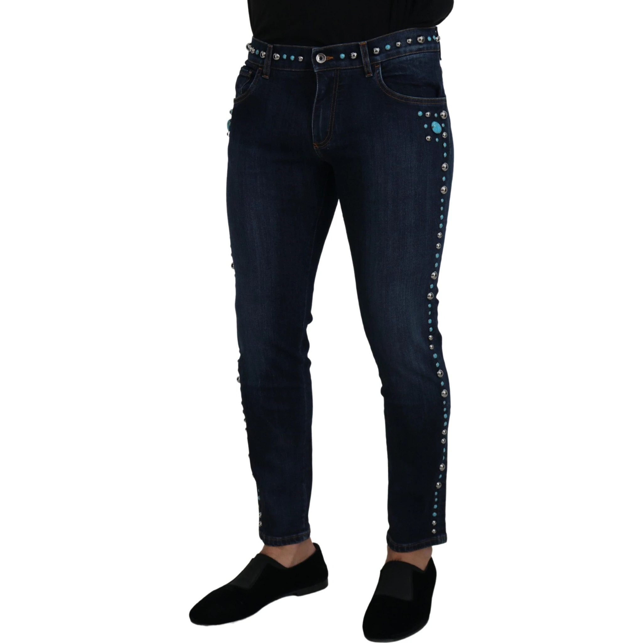 Blue Cotton Studded Low Waist Denim Jeans
