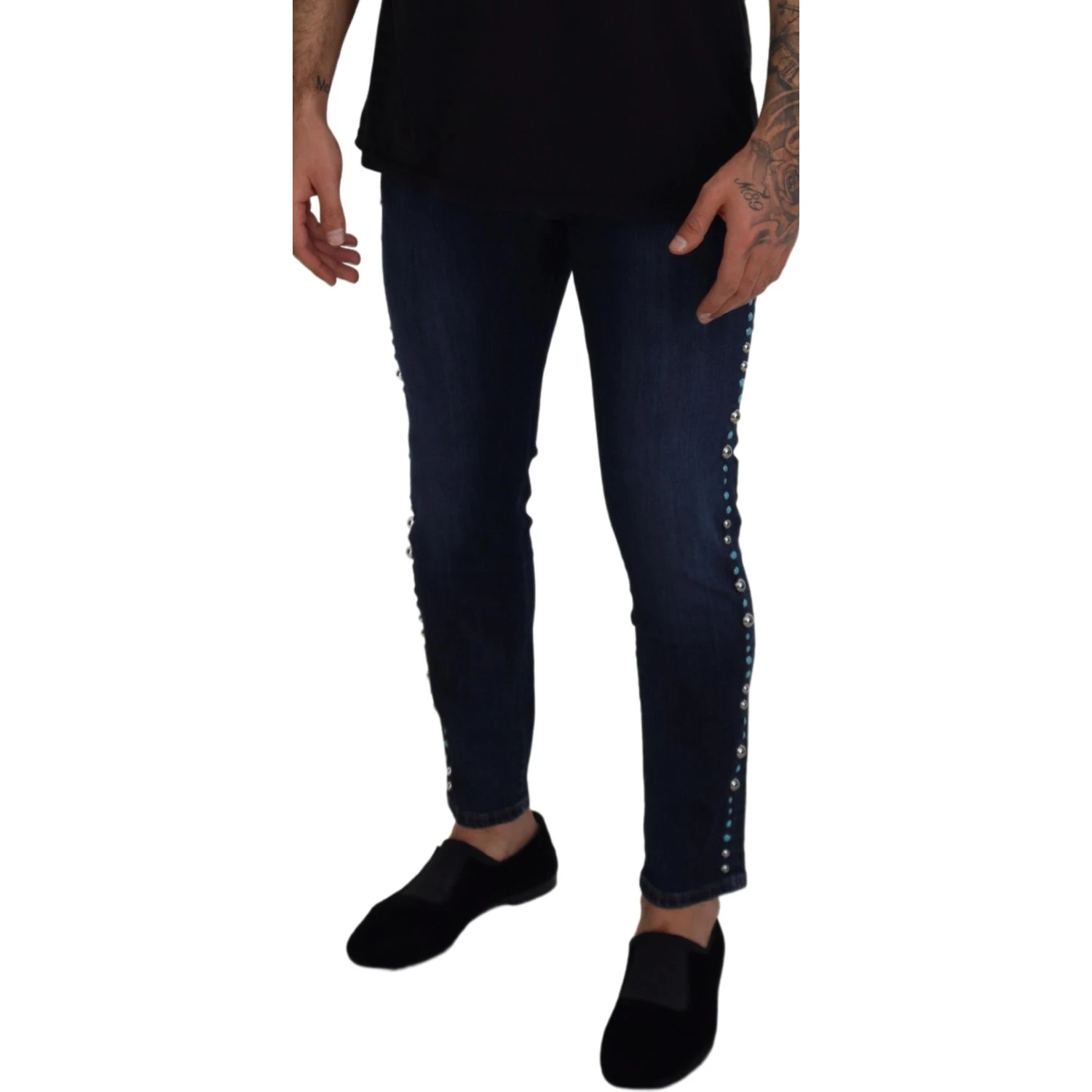 Blue Cotton Studded Low Waist Denim Jeans