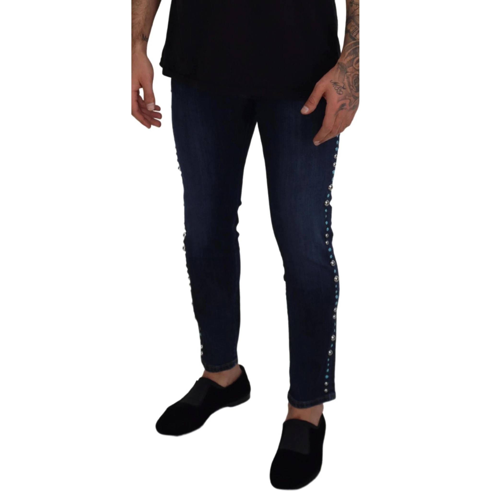 Blue Cotton Studded Low Waist Denim Jeans