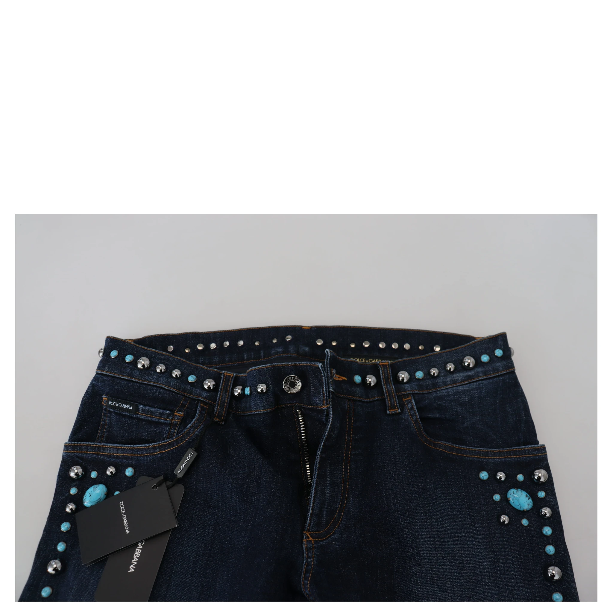 Blue Cotton Studded Low Waist Denim Jeans