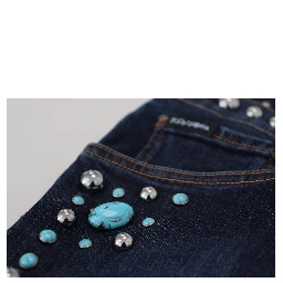 Blue Cotton Studded Low Waist Denim Jeans