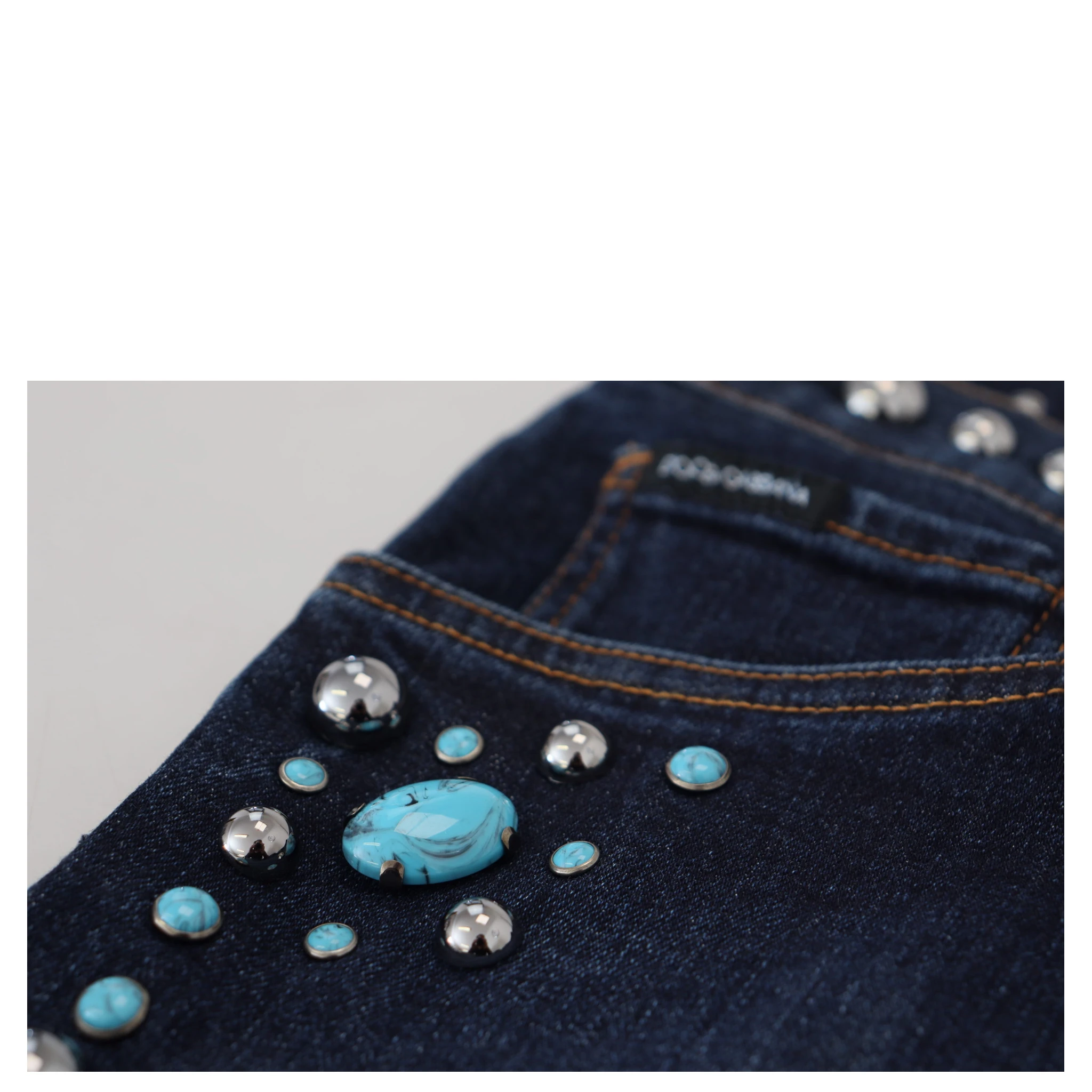 Blue Cotton Studded Low Waist Denim Jeans