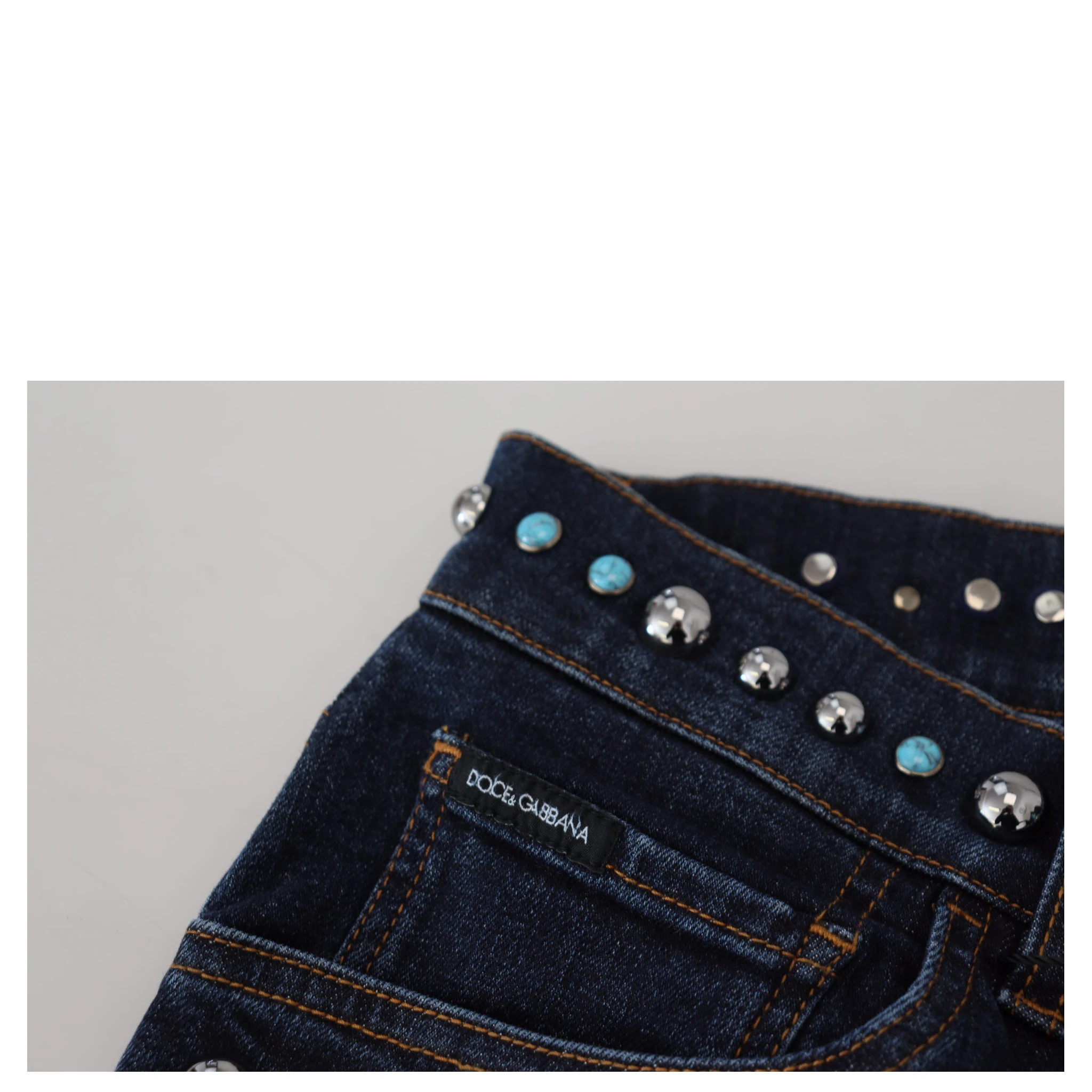 Blue Cotton Studded Low Waist Denim Jeans