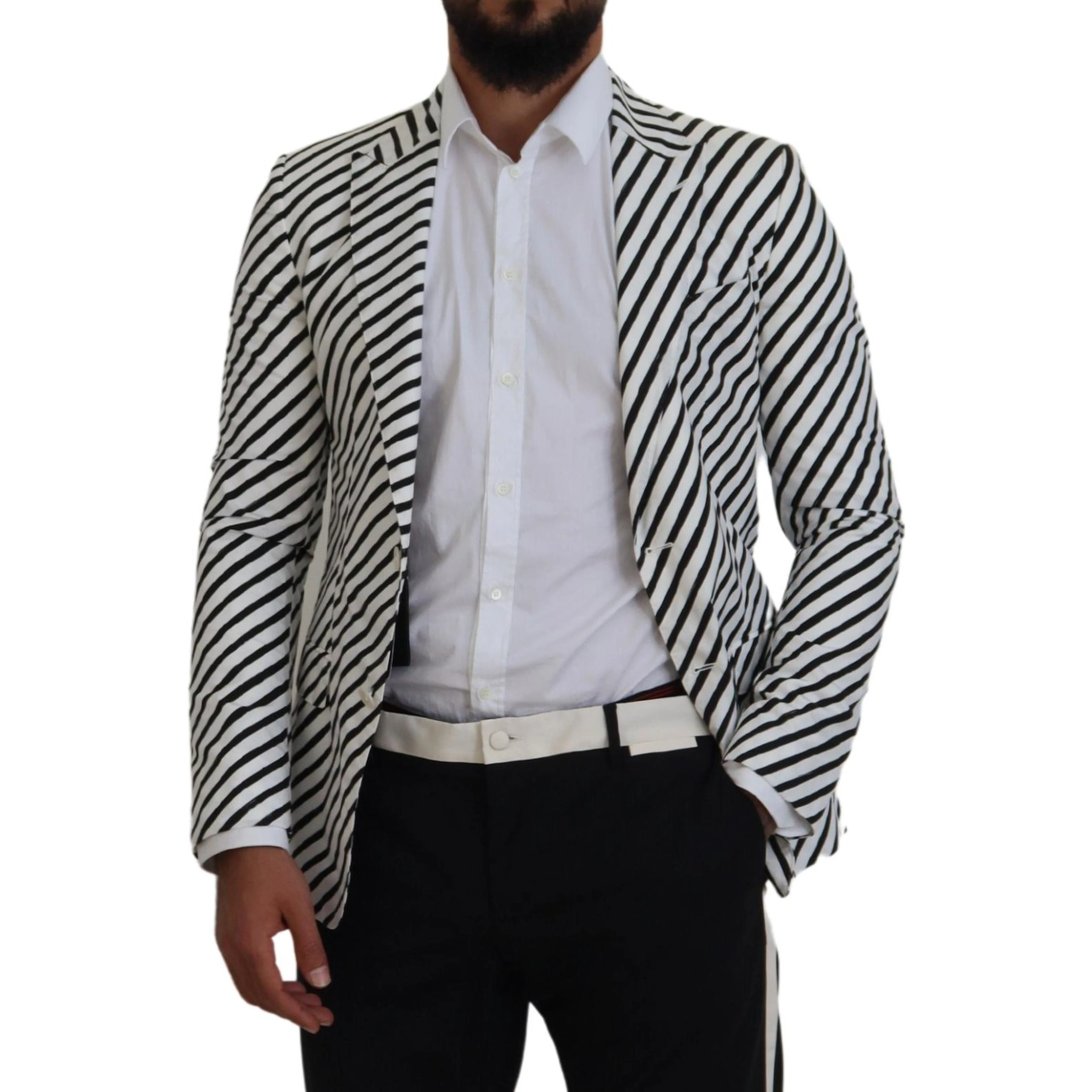 White Black Striped Slim Fit Jacket Blazer