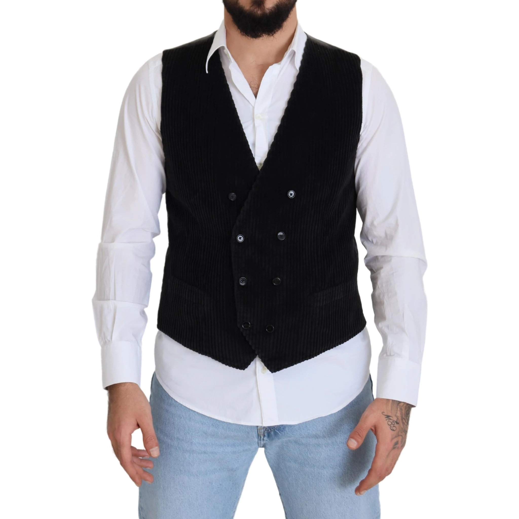 Black Cotton Double Breasted Waistcoat Vest