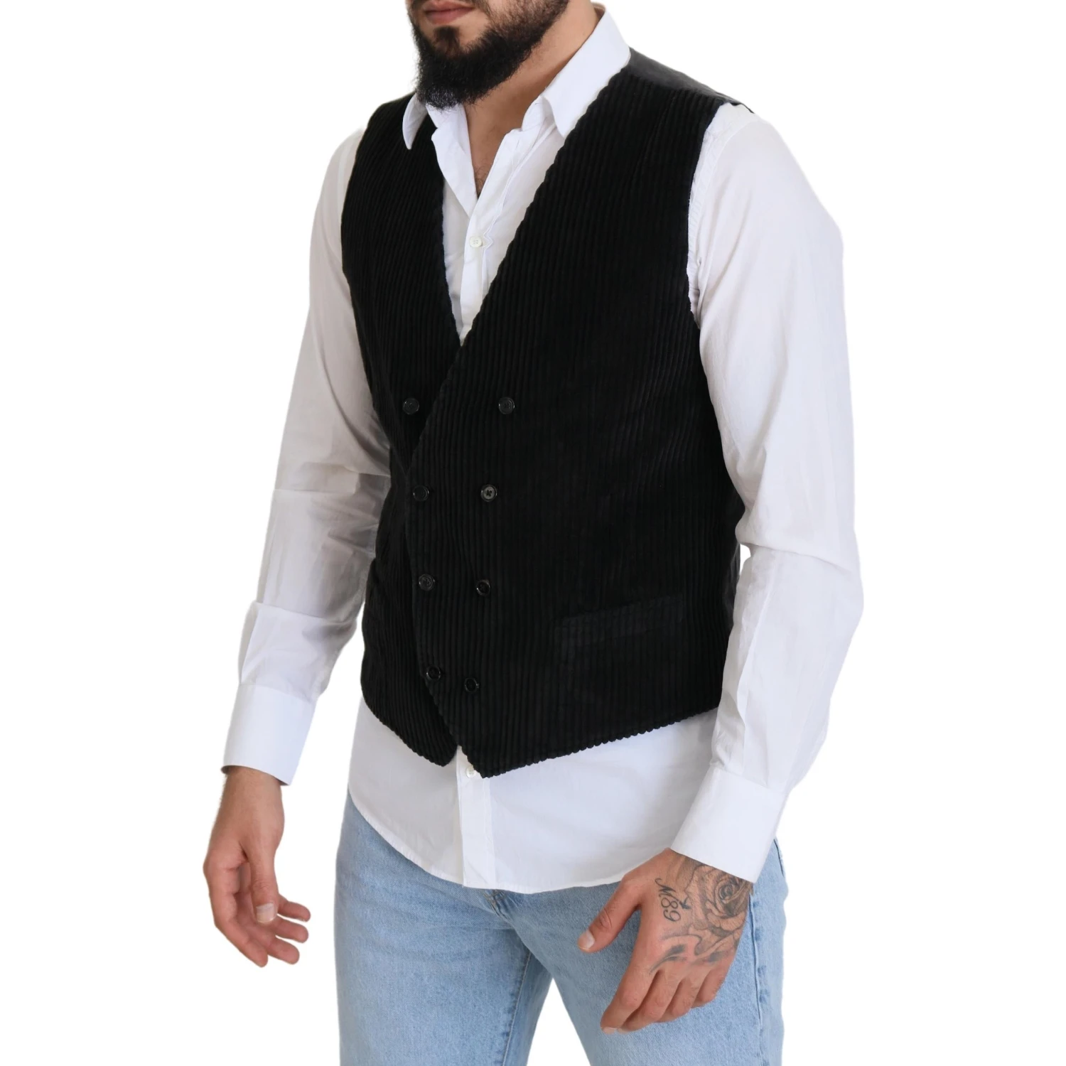 Black Cotton Double Breasted Waistcoat Vest