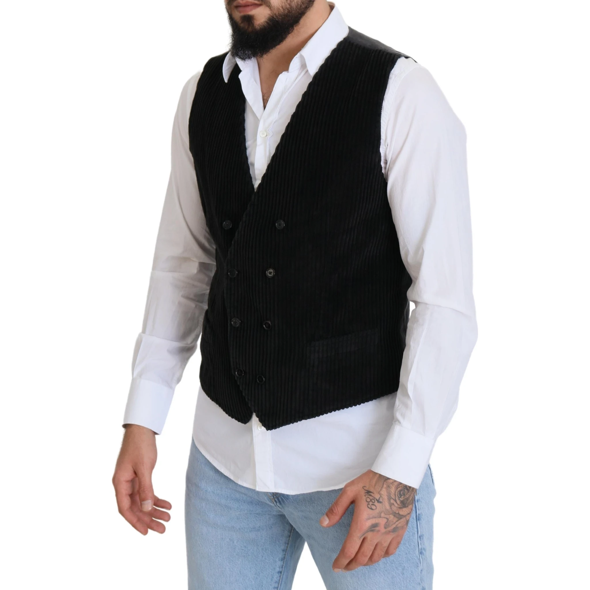 Black Cotton Double Breasted Waistcoat Vest