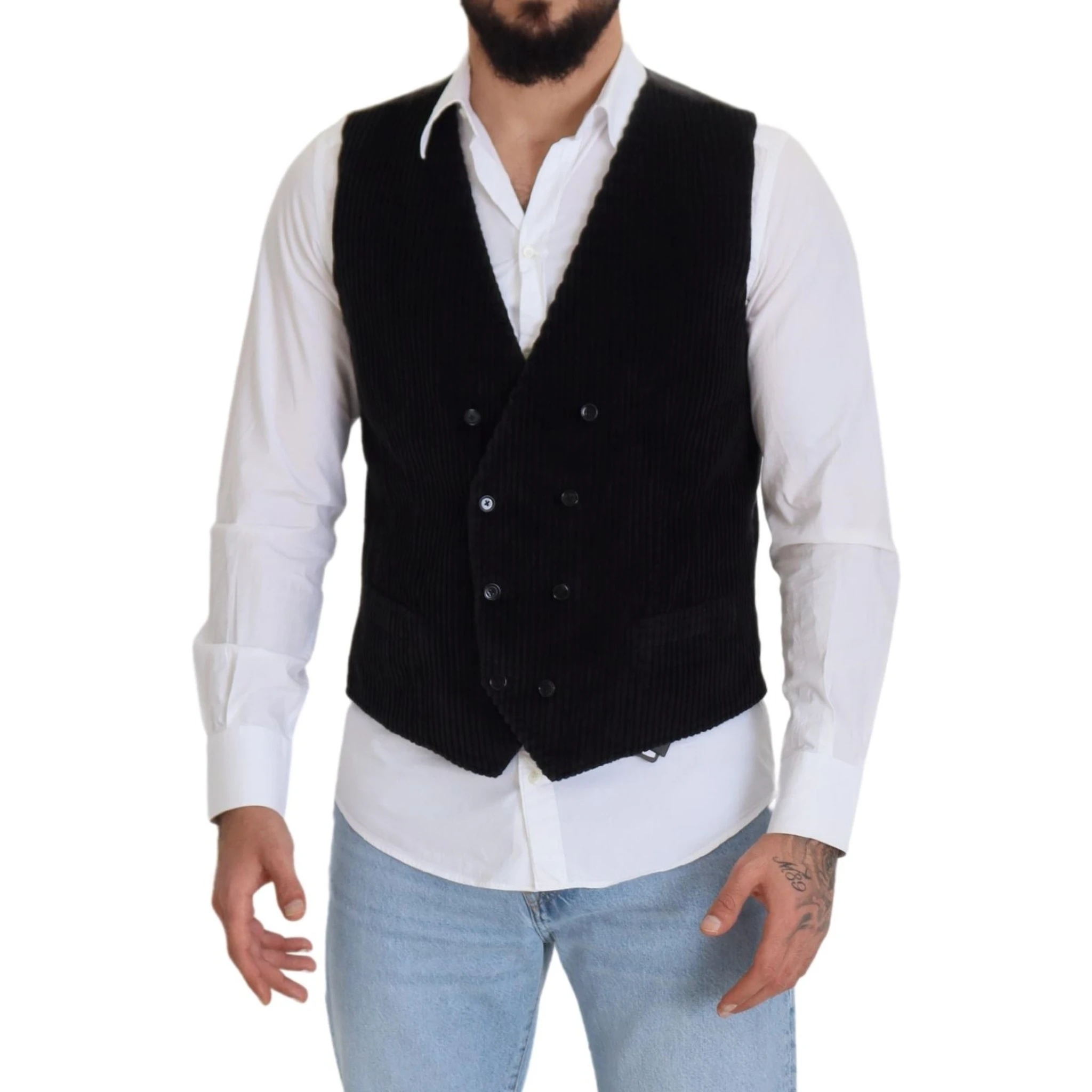 Black Cotton Double Breasted Waistcoat Vest