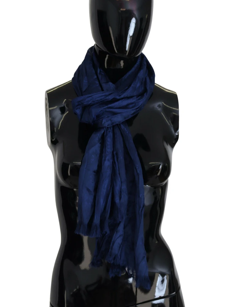 Blue Silk Shawl Foulard Fringes Scarf