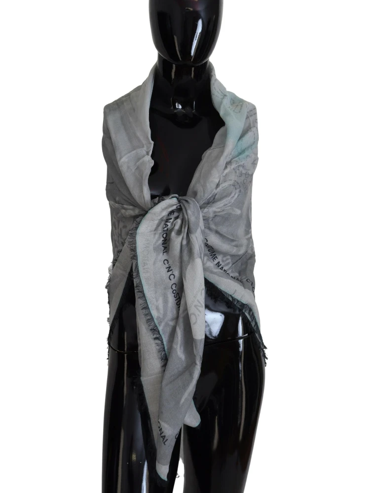 Gray Print Shawl Foulard Fringes Scarf