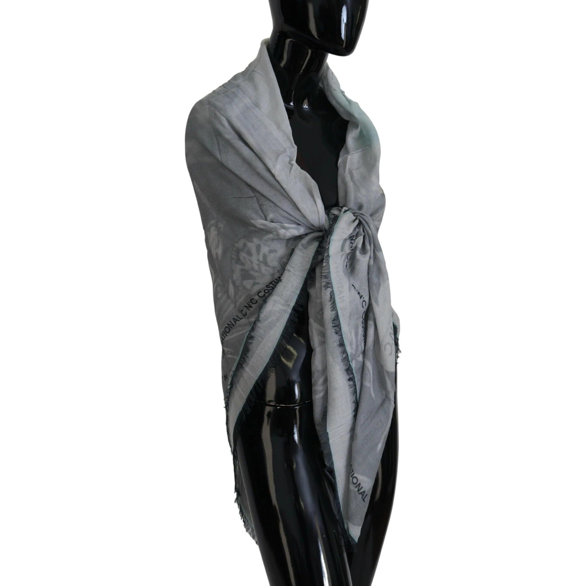 Gray Print Shawl Foulard Fringes Scarf