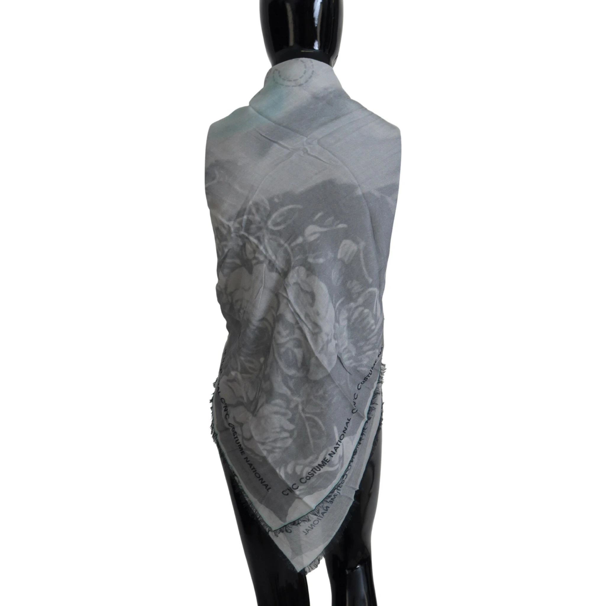 Gray Print Shawl Foulard Fringes Scarf